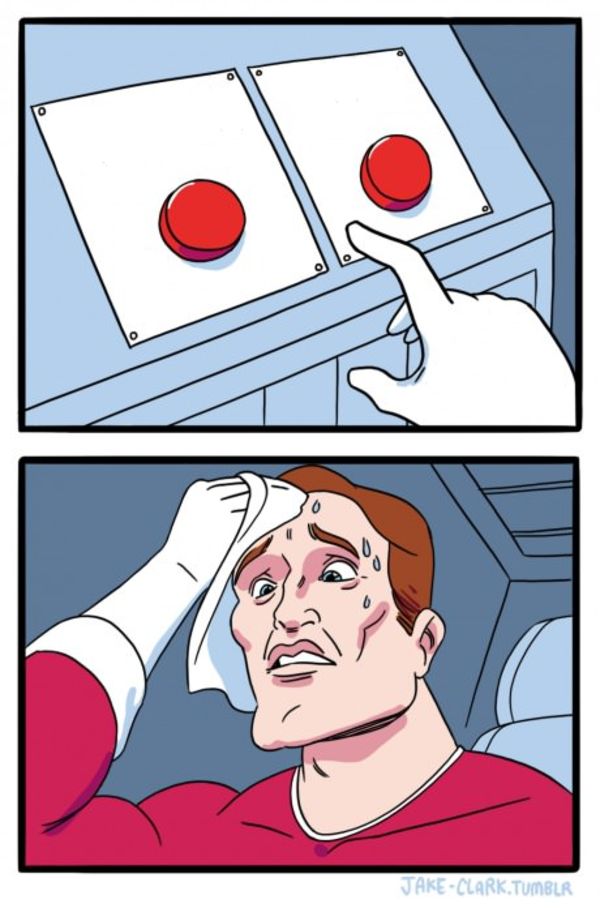 Two Buttons meme about Crowned Skin