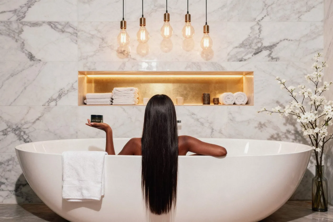 A woman with long dark hair seen from behind in a freestanding bathtub
